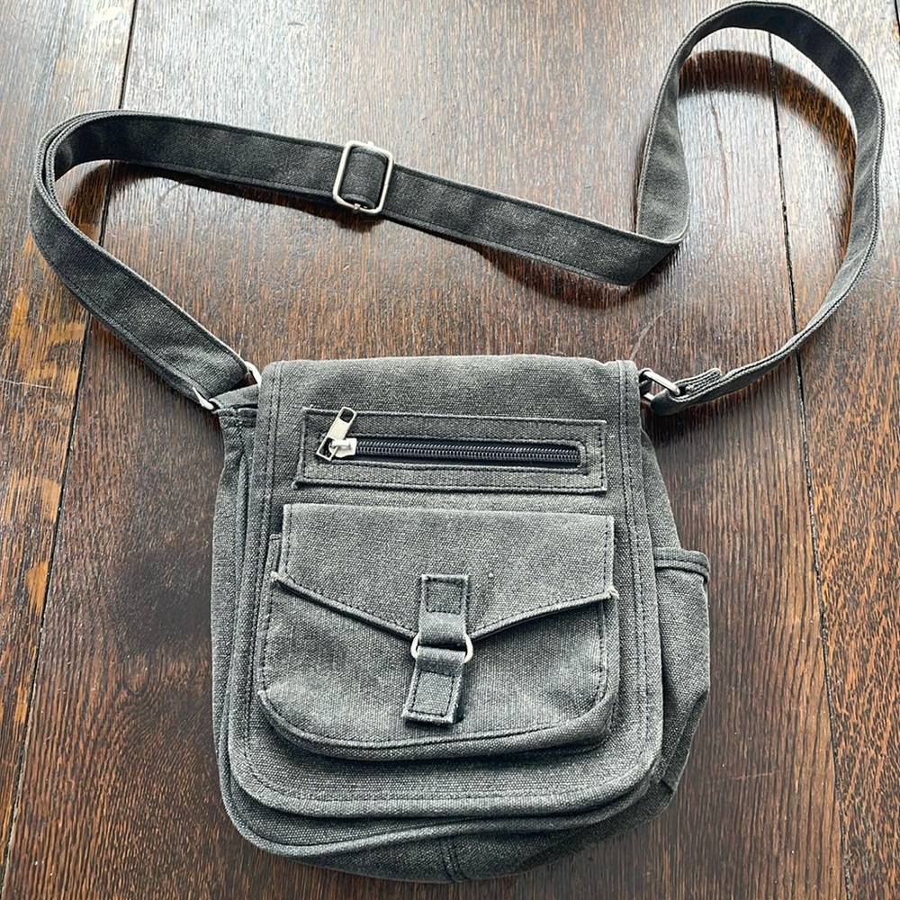 Barratts distressed black denim crossbody purse, adjustable straps